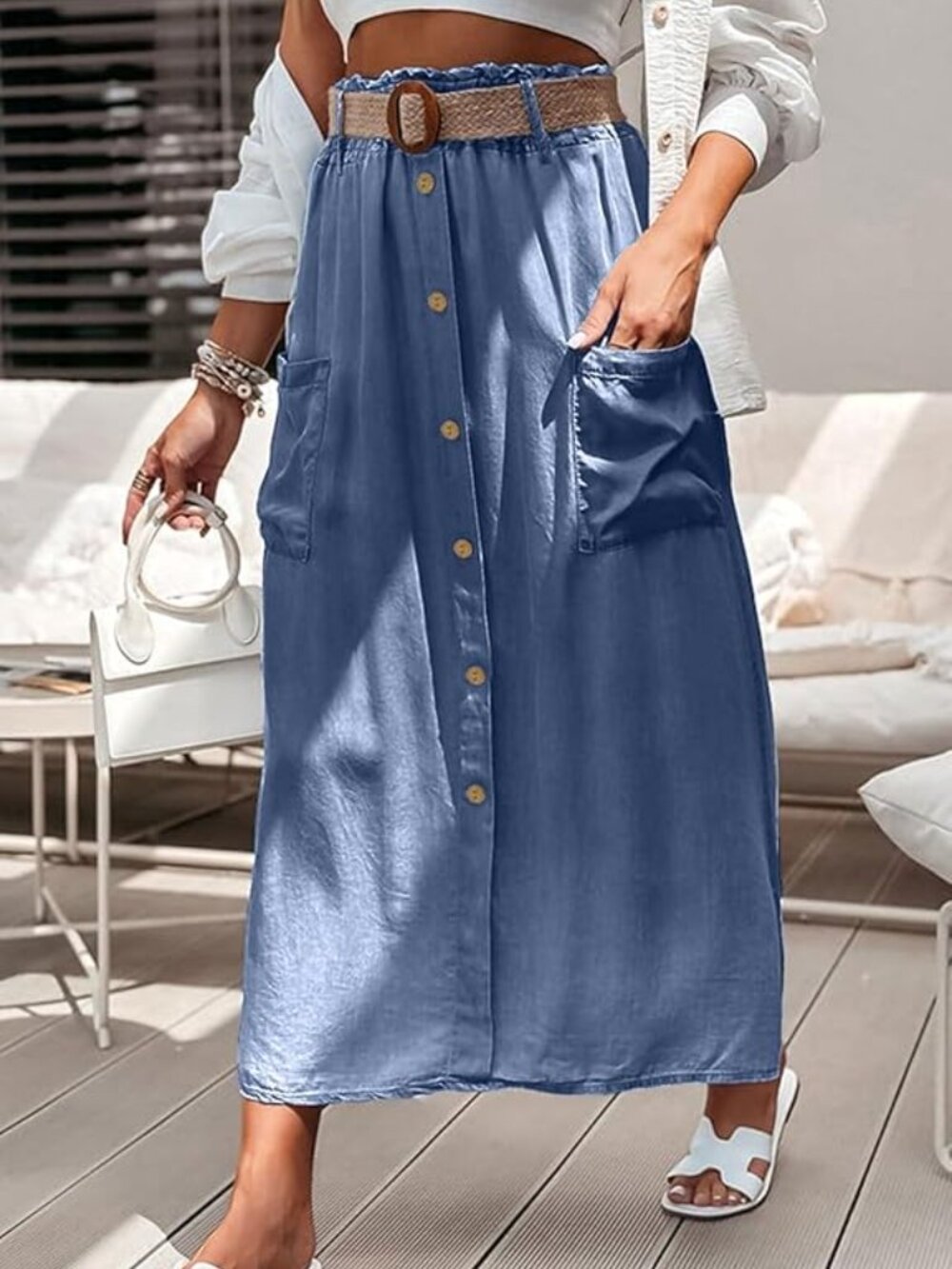 NEW IN PACKAGE! ELASTIC WAIST FLOWY LIGHTWEIGHT TENCEL DENIM MAXI SKIRT SZ M